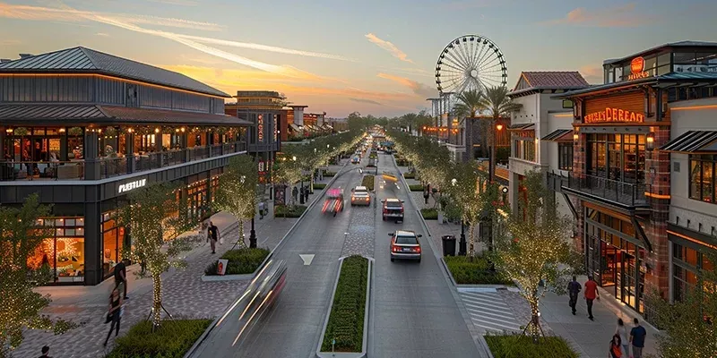 Modern entertainment and lifestyle district with retail stores, restaurants, and a pedestrian-friendly street